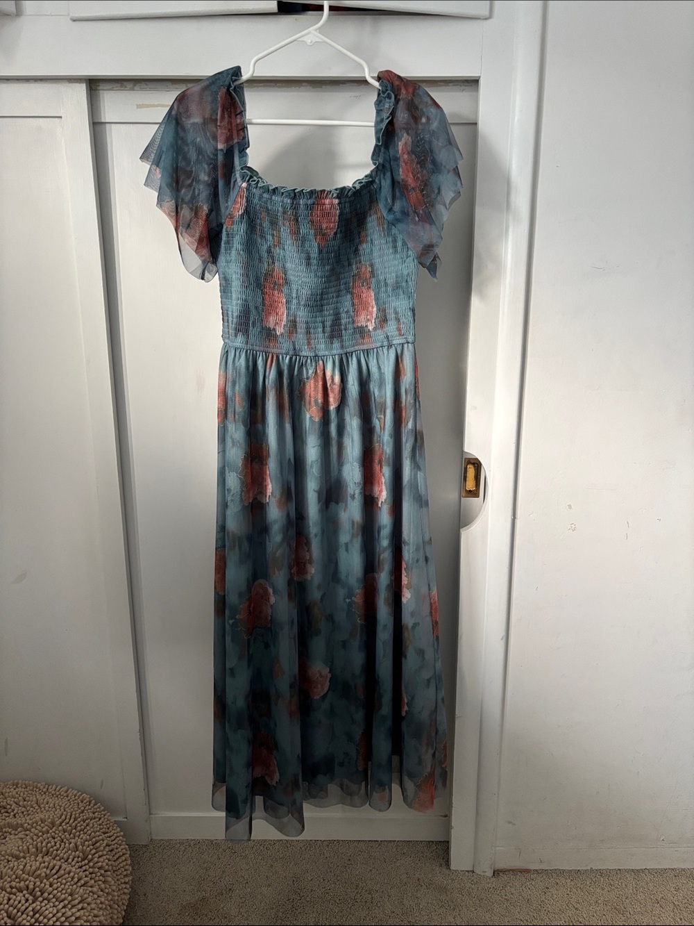 Simple Smocked Floral Midi Dress in Blue and Coral